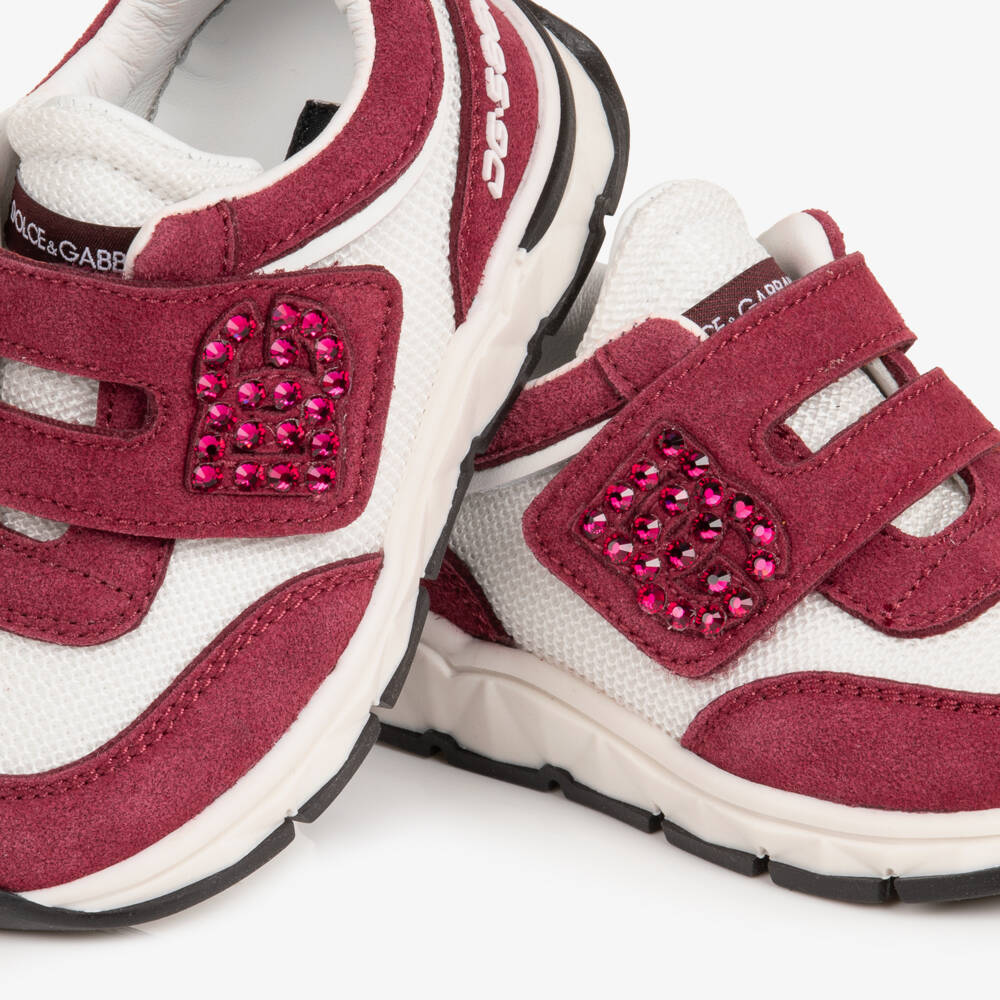 Dolce & Gabbana-Girls Burgundy & White Trainers with Diamanté Logo | Childrensalon