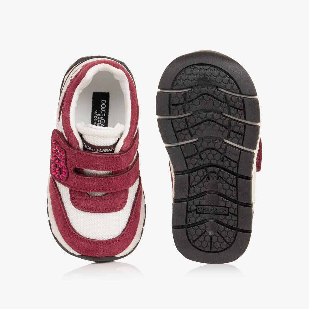 Dolce & Gabbana-Girls Burgundy & White Trainers with Diamanté Logo | Childrensalon