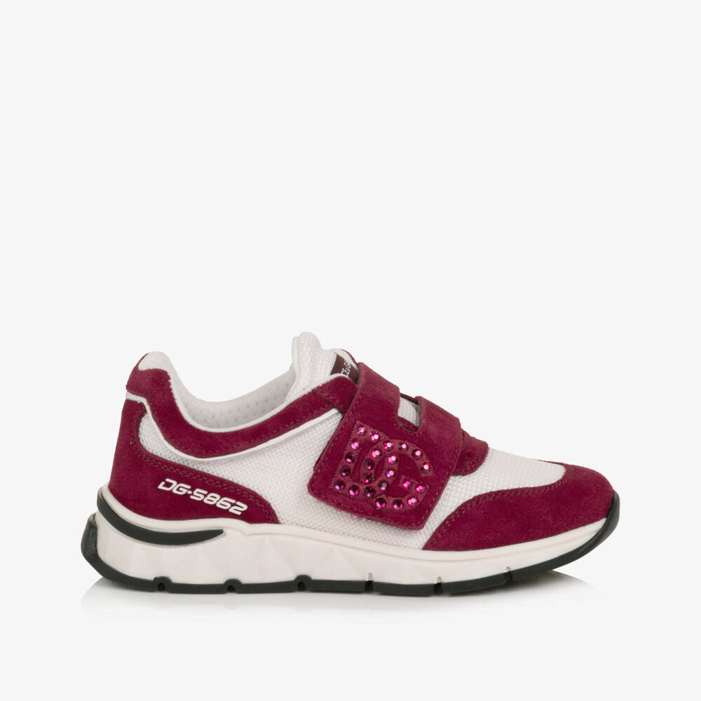 Dolce & Gabbana-Girls Burgundy & White Trainers with Diamanté Logo | Childrensalon