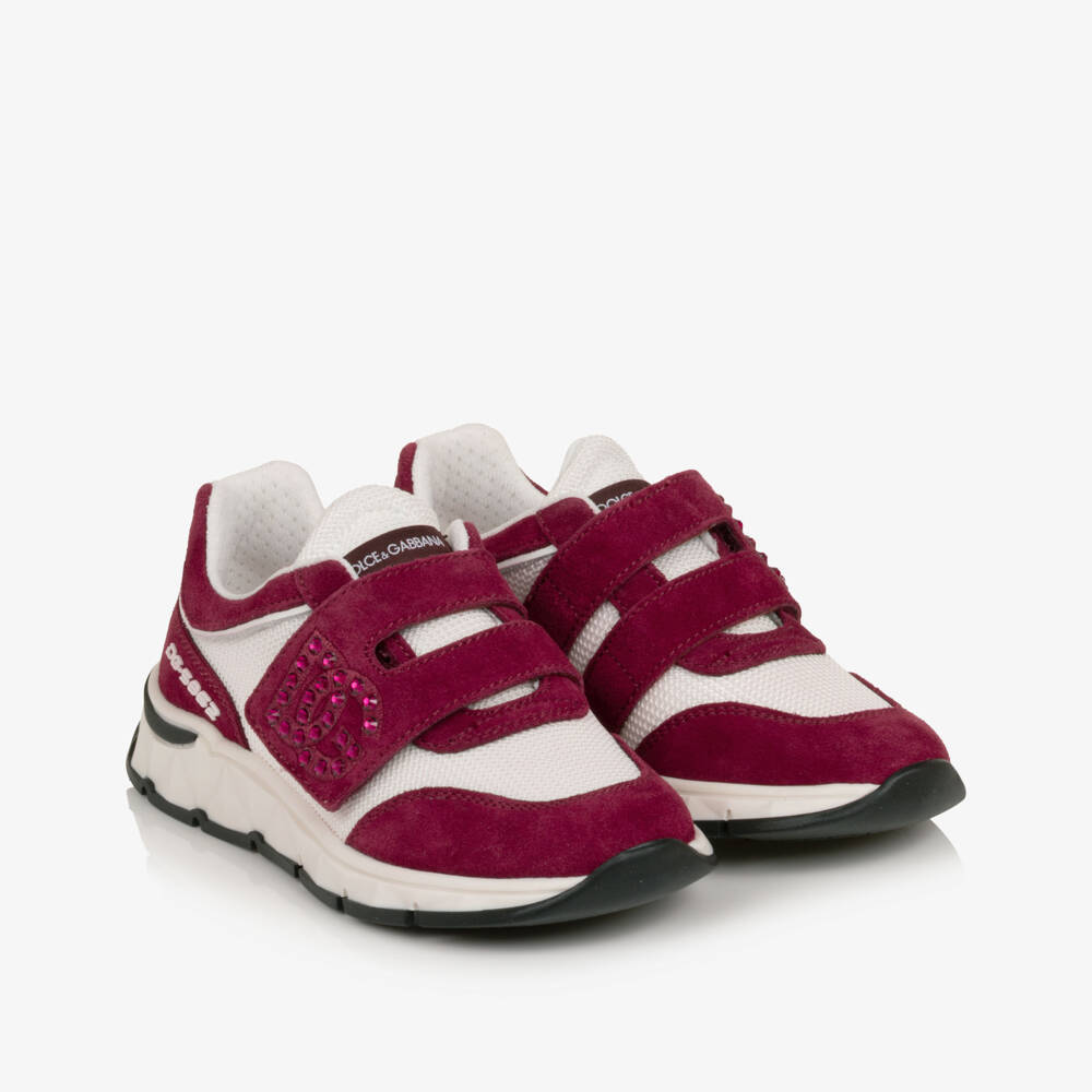 Dolce & Gabbana-Girls Burgundy & White Trainers with Diamanté Logo | Childrensalon