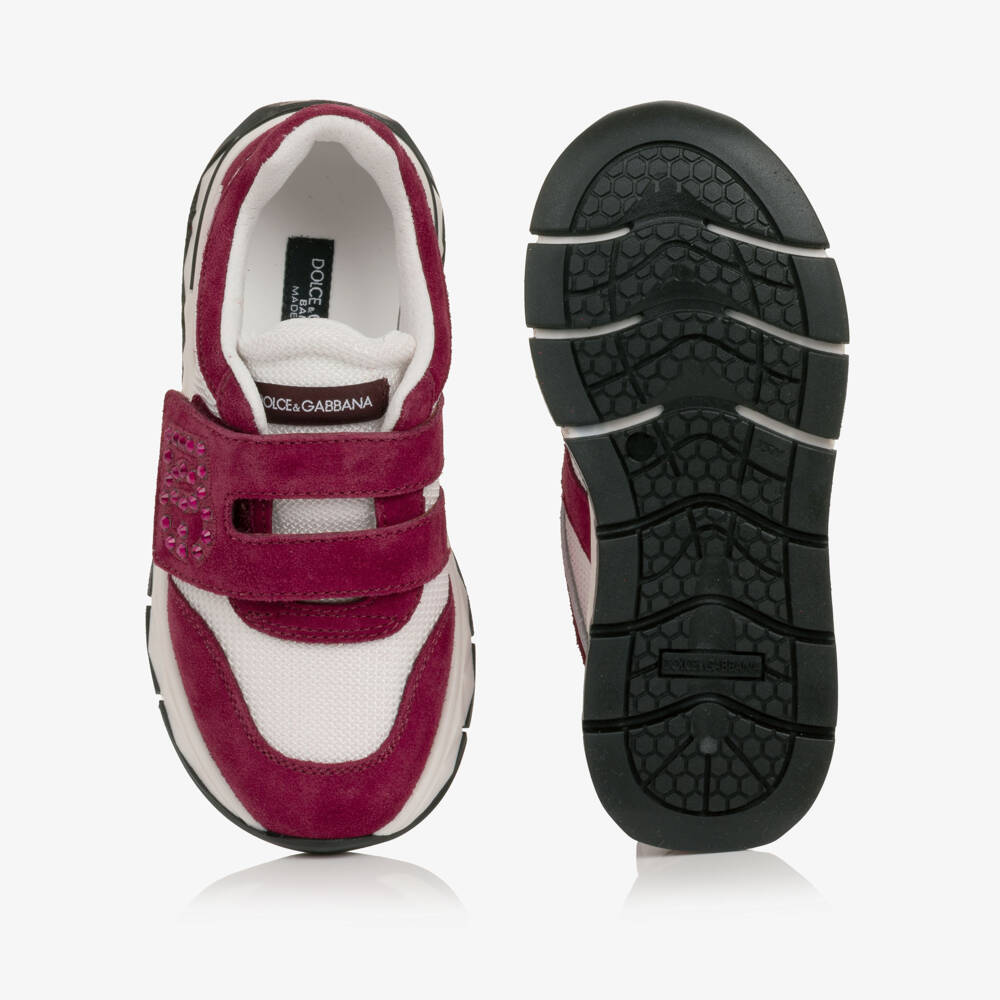Dolce & Gabbana-Girls Burgundy & White Trainers with Diamanté Logo | Childrensalon