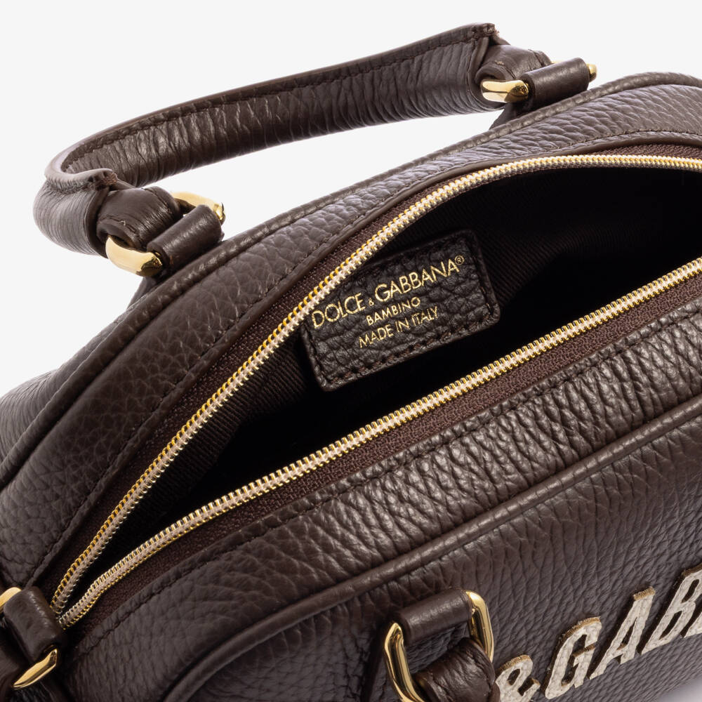 Dolce & Gabbana-Girls Dark Brown Leather Shoulder Bag (20cm) | Childrensalon