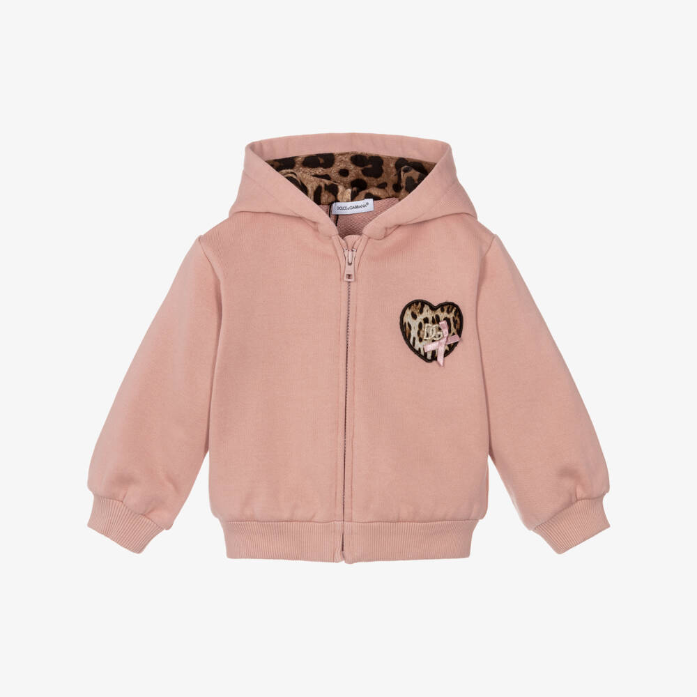 Dolce & Gabbana-Girls Dusky Pink Zip-Up Hoodie with Leopard Trim | Childrensalon