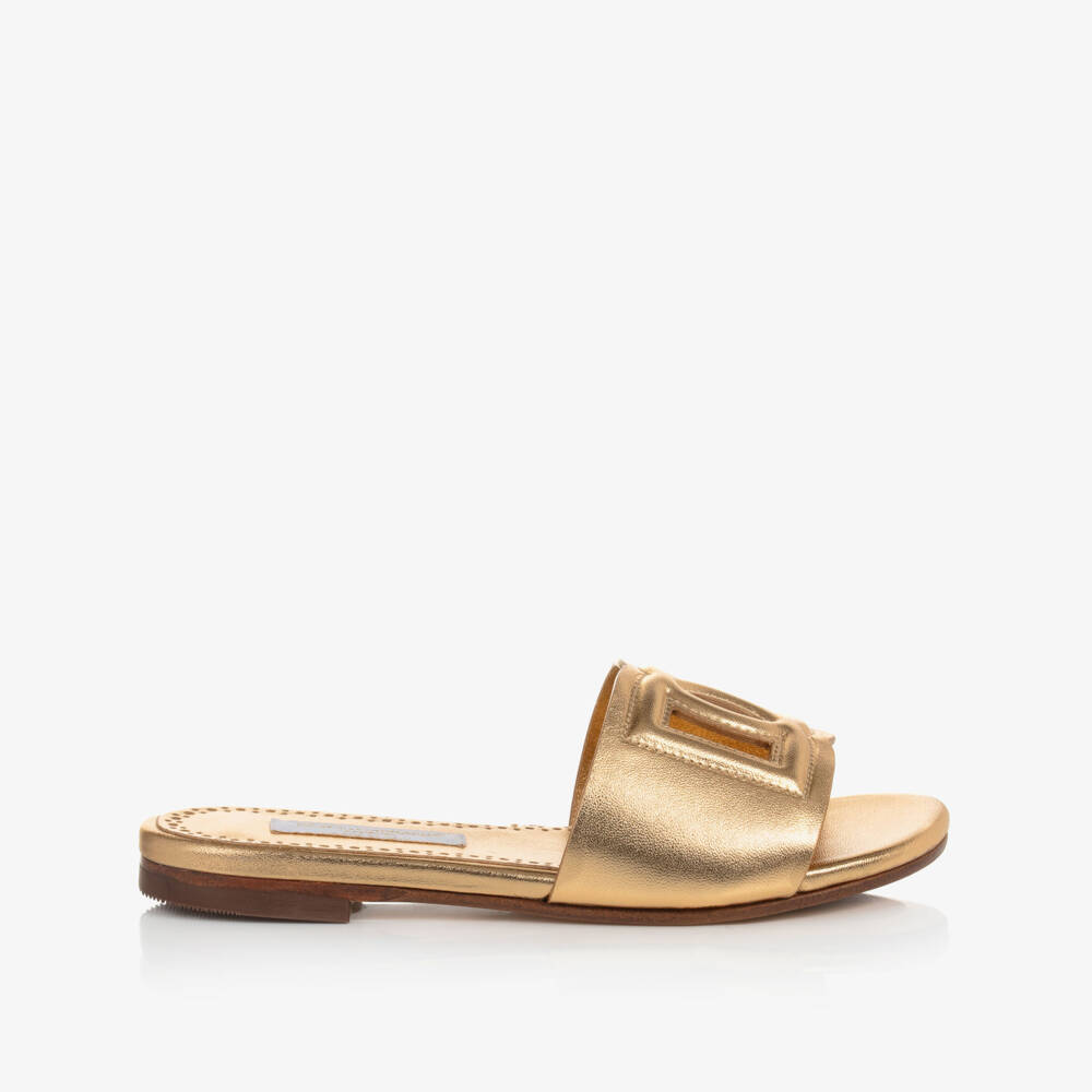 Dolce & Gabbana-Girls Gold Leather DG Sliders | Childrensalon