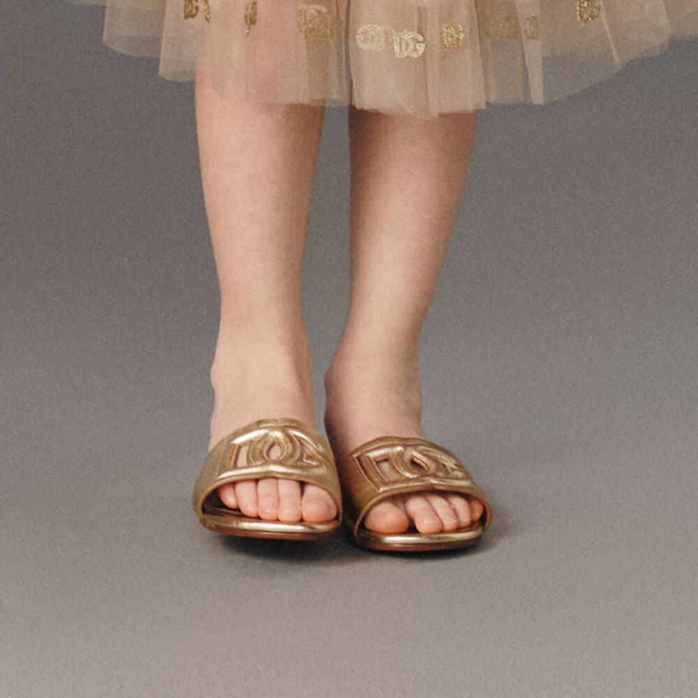 Dolce & Gabbana-Girls Gold Leather DG Sliders | Childrensalon