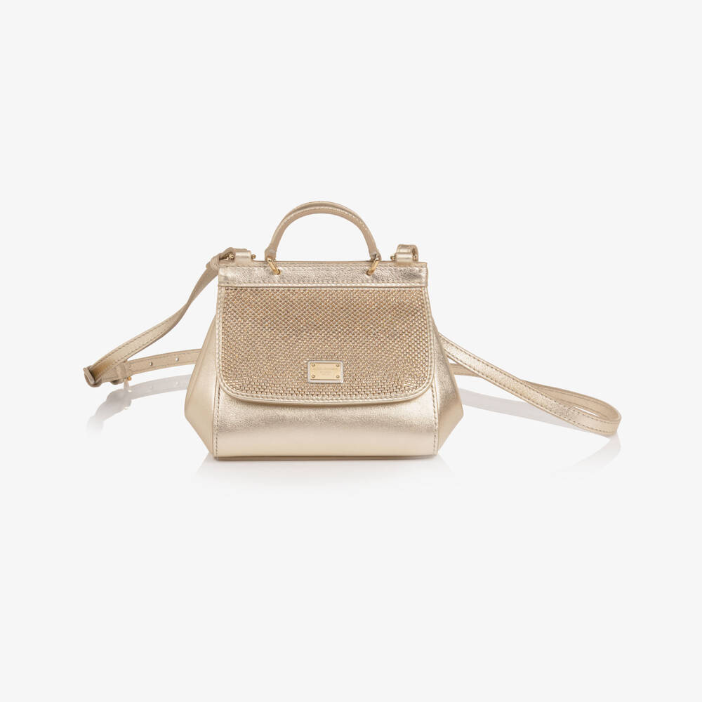Dolce & Gabbana-Girls Gold Leather Rhinestone Handbag (17cm) | Childrensalon