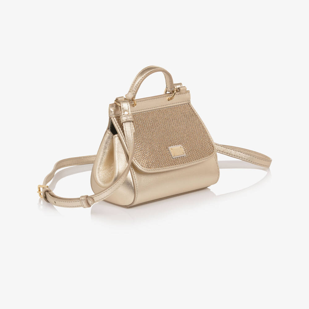 Dolce & Gabbana-Girls Gold Leather Rhinestone Handbag (17cm) | Childrensalon