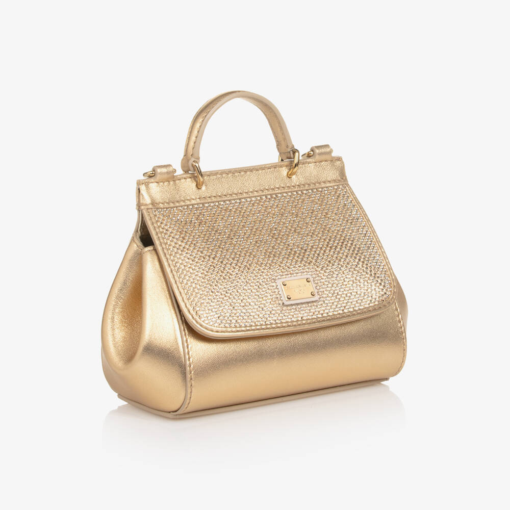 Dolce & Gabbana-Girls Gold Leather & Rhinestone Sicily Bag (14cm) | Childrensalon