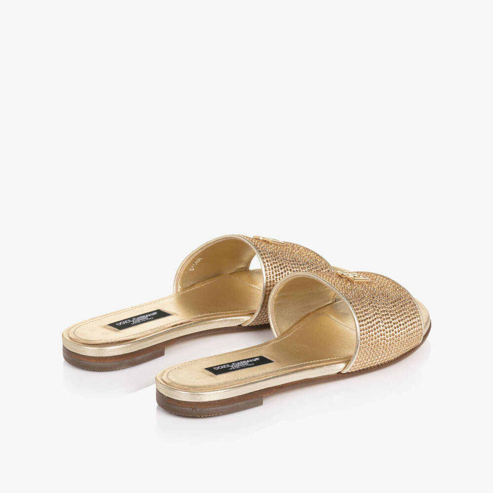 Dolce & Gabbana-Girls Gold Leather Rhinestone Sliders | Childrensalon