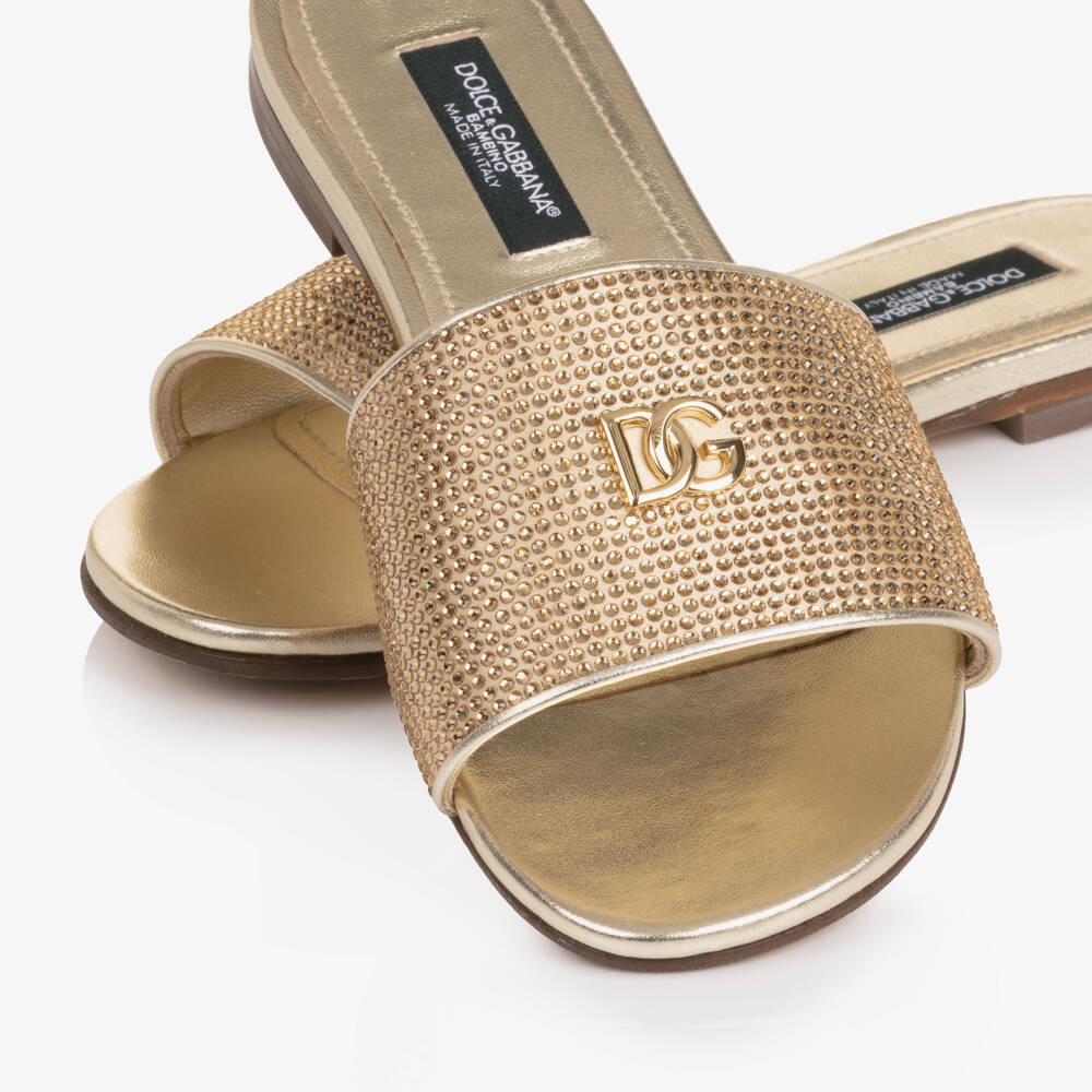 Dolce & Gabbana-Girls Gold Leather Rhinestone Sliders | Childrensalon