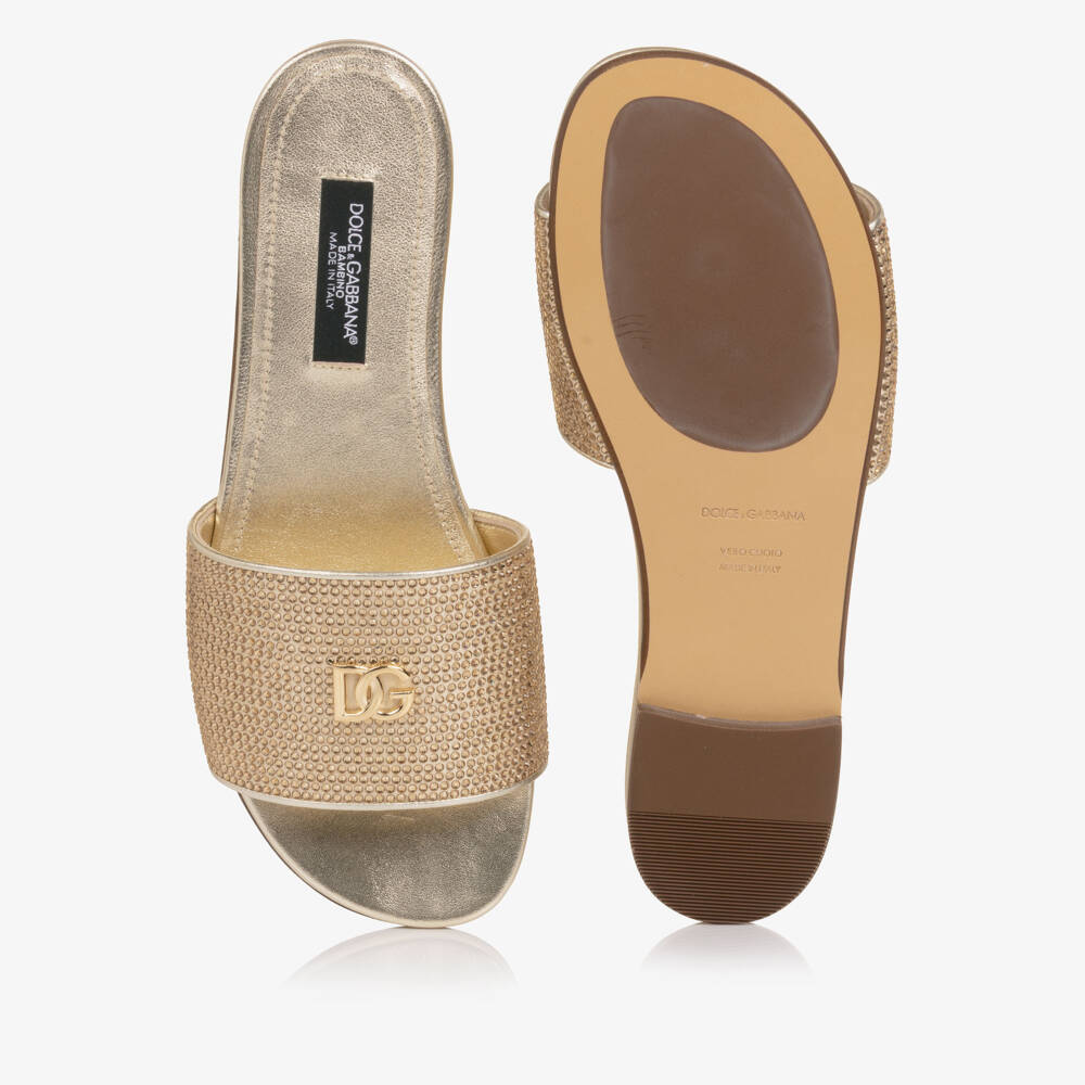 Dolce & Gabbana-Girls Gold Leather Rhinestone Sliders | Childrensalon