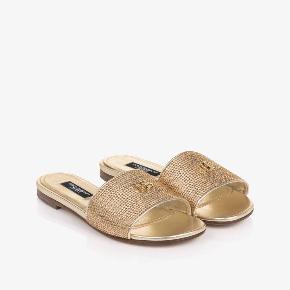 Dolce & Gabbana-Girls Gold Leather Rhinestone Sliders | Childrensalon