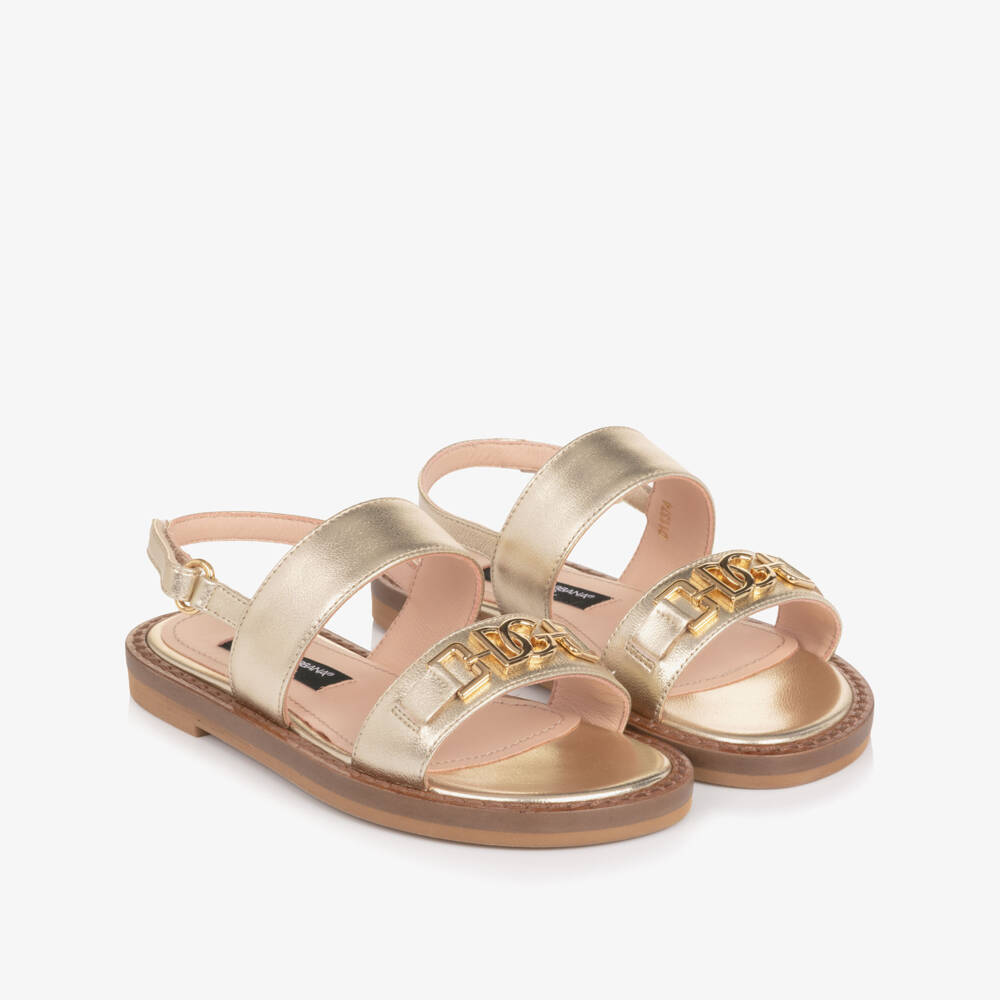Dolce & Gabbana-Girls Gold Leather Sandals with DG Crossed Logo | Childrensalon