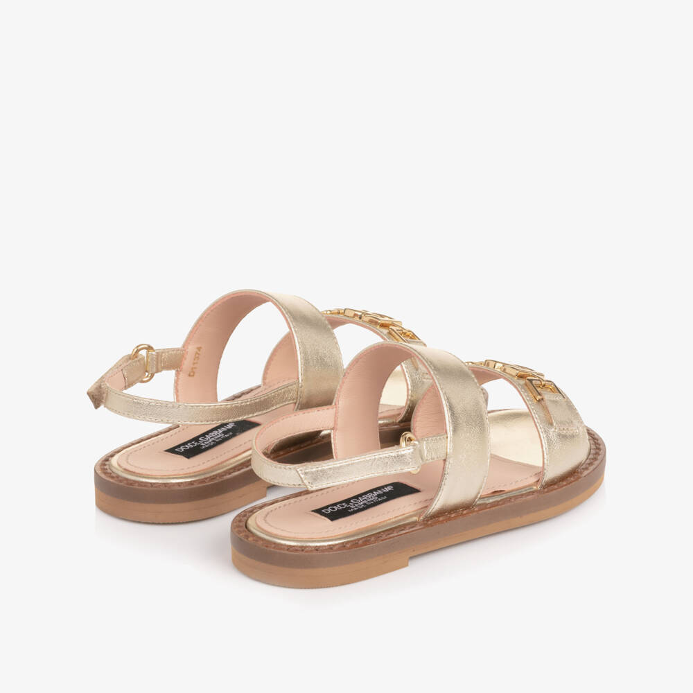 Dolce & Gabbana-Girls Gold Leather Sandals with DG Crossed Logo | Childrensalon