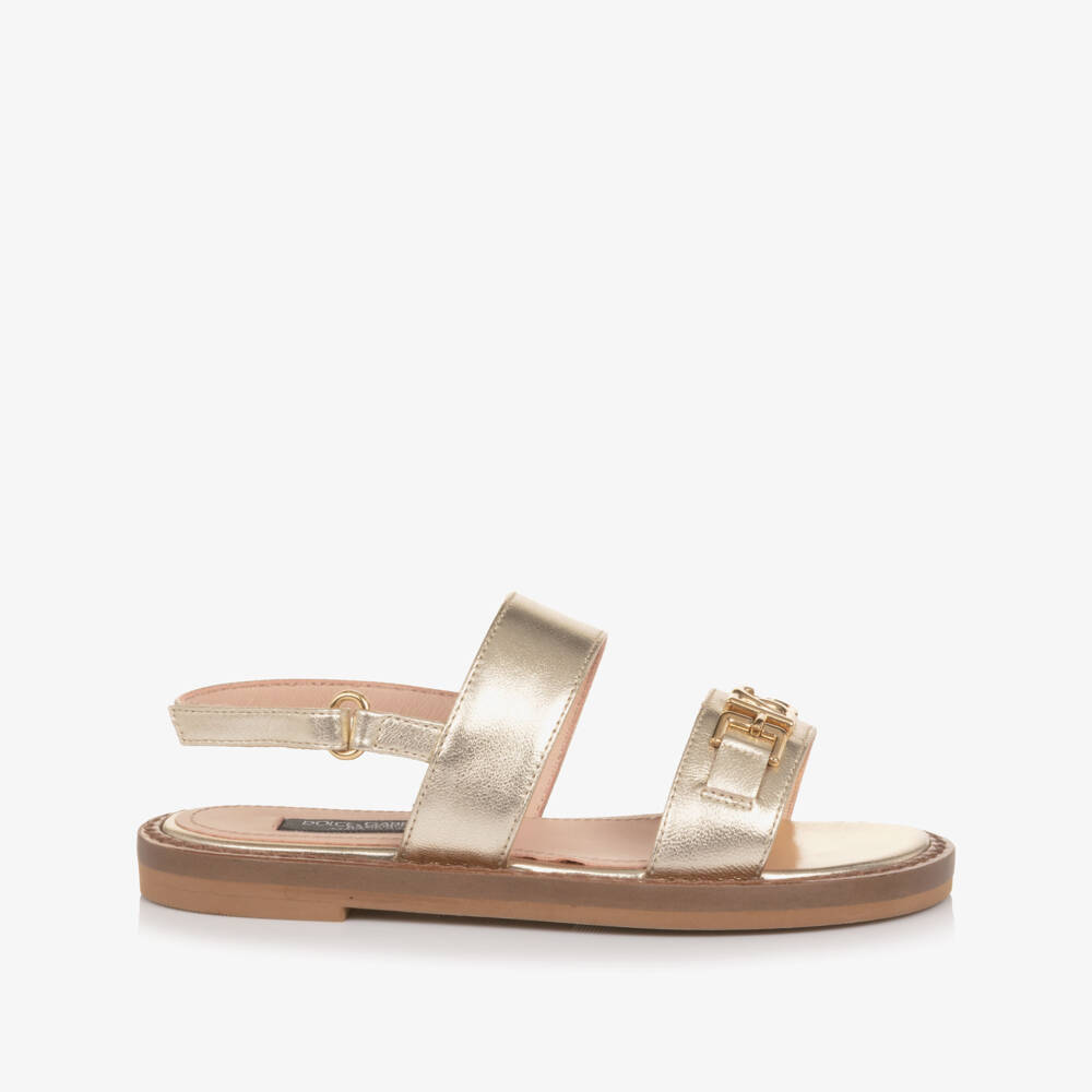Dolce & Gabbana-Girls Gold Leather Sandals with DG Crossed Logo | Childrensalon
