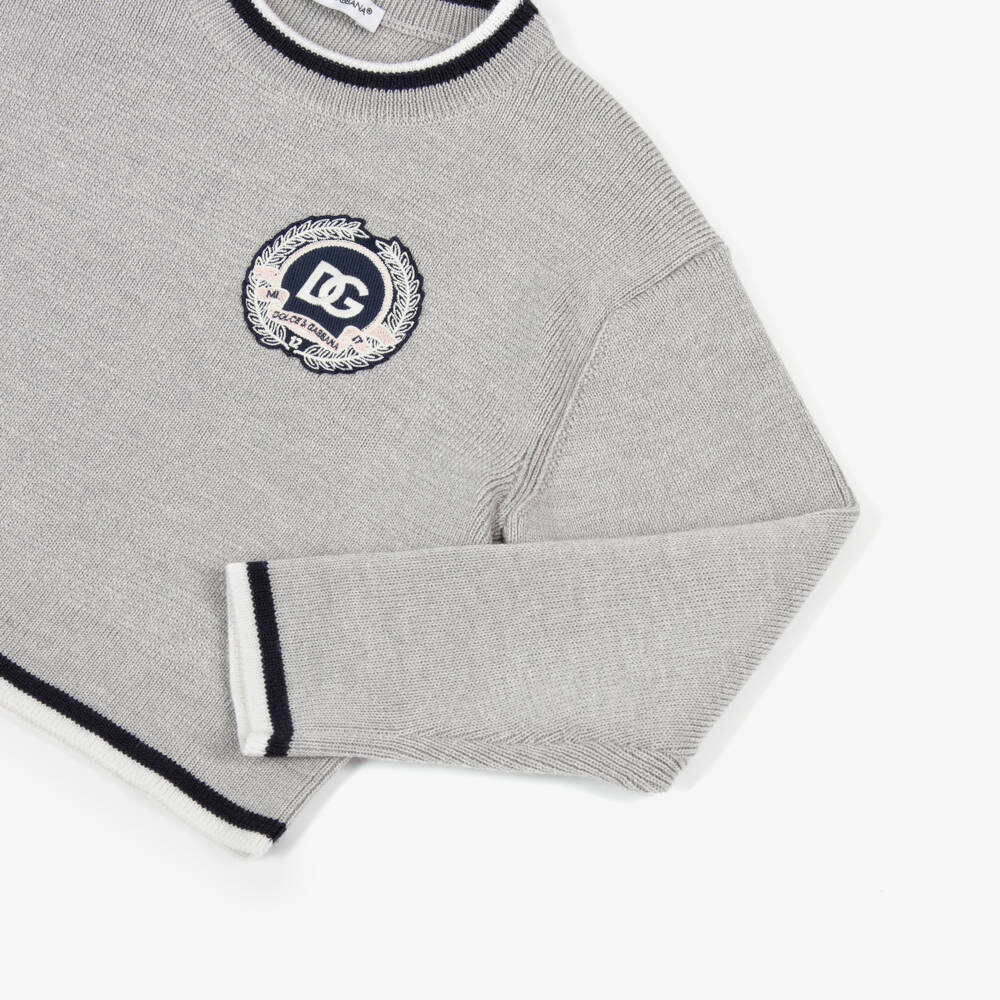 Dolce & Gabbana-Girls Grey Wool Sweater with Logo Crest | Childrensalon