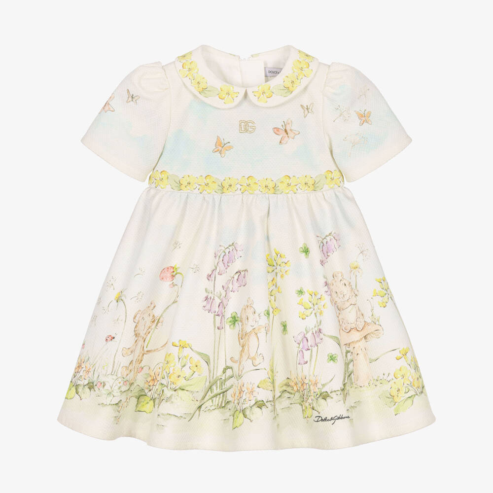Dolce & Gabbana-Girls Ivory Cotton Dress with Storybook Print | Childrensalon