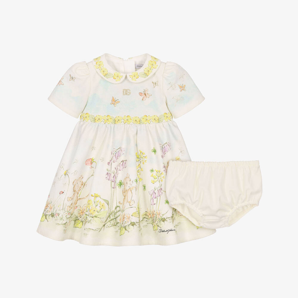 Dolce & Gabbana-Girls Ivory Cotton Dress with Storybook Print | Childrensalon