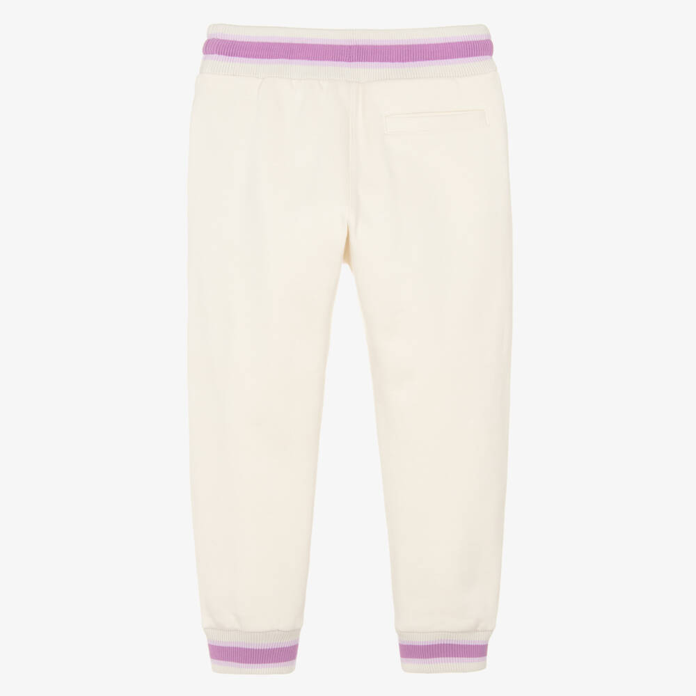 Dolce & Gabbana-Girls Ivory Cotton Joggers with Purple Floral Detailing | Childrensalon