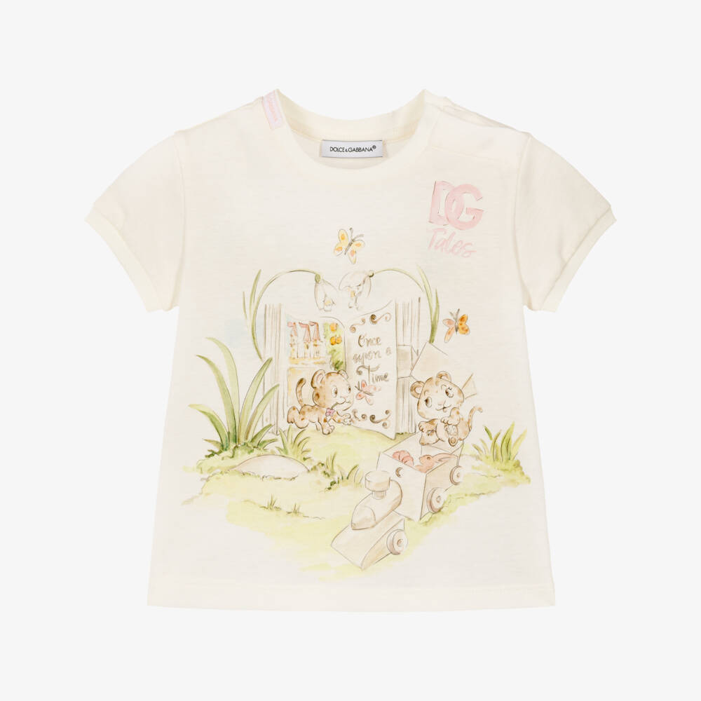 Dolce & Gabbana-Girls Ivory Cotton T-Shirt with Leopard Cubs | Childrensalon