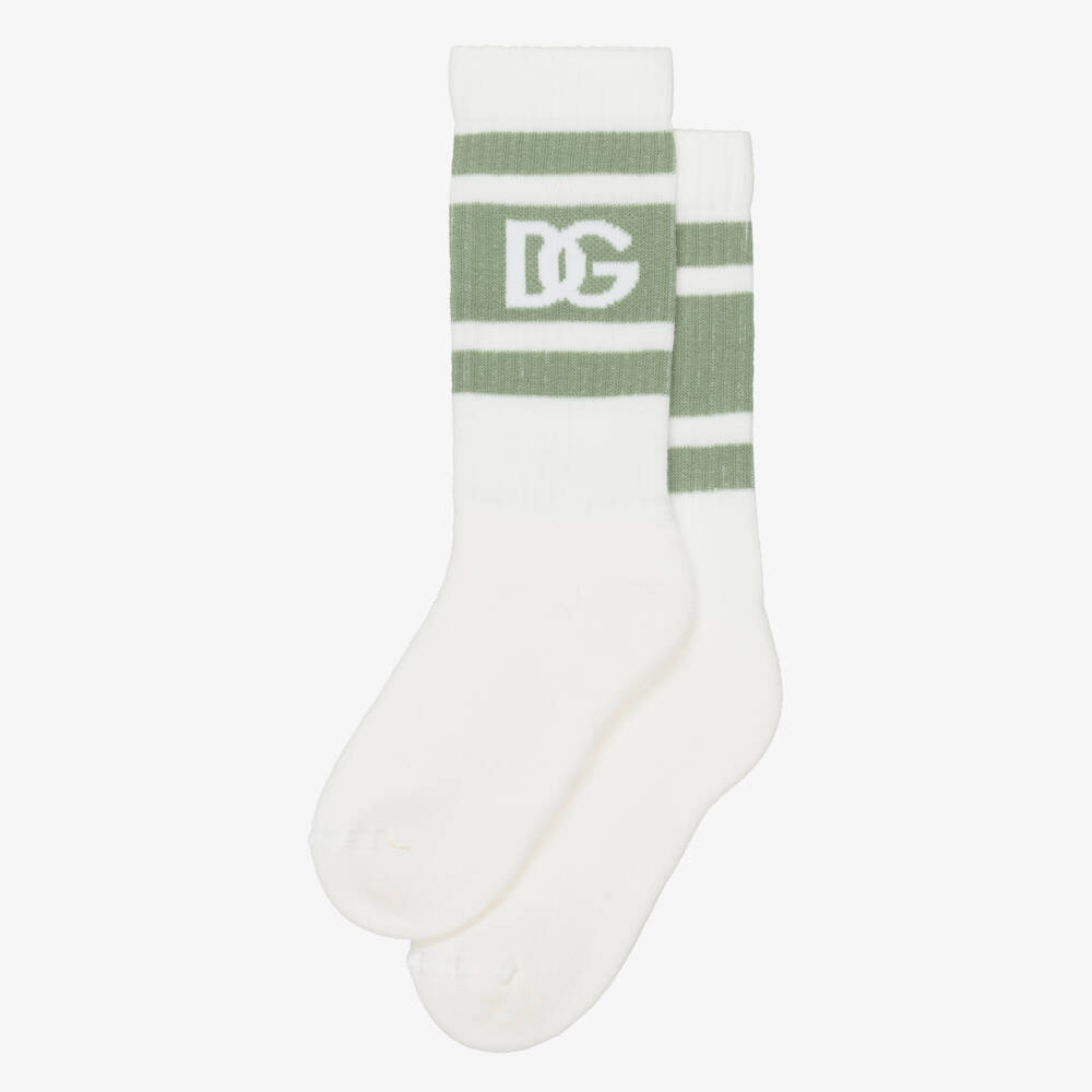 Dolce & Gabbana-Girls Ivory & Green Cotton DG Logo Socks | Childrensalon