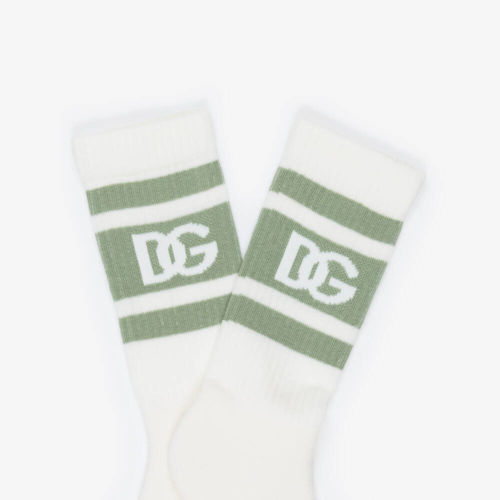 Dolce & Gabbana-Girls Ivory & Green Cotton DG Logo Socks | Childrensalon