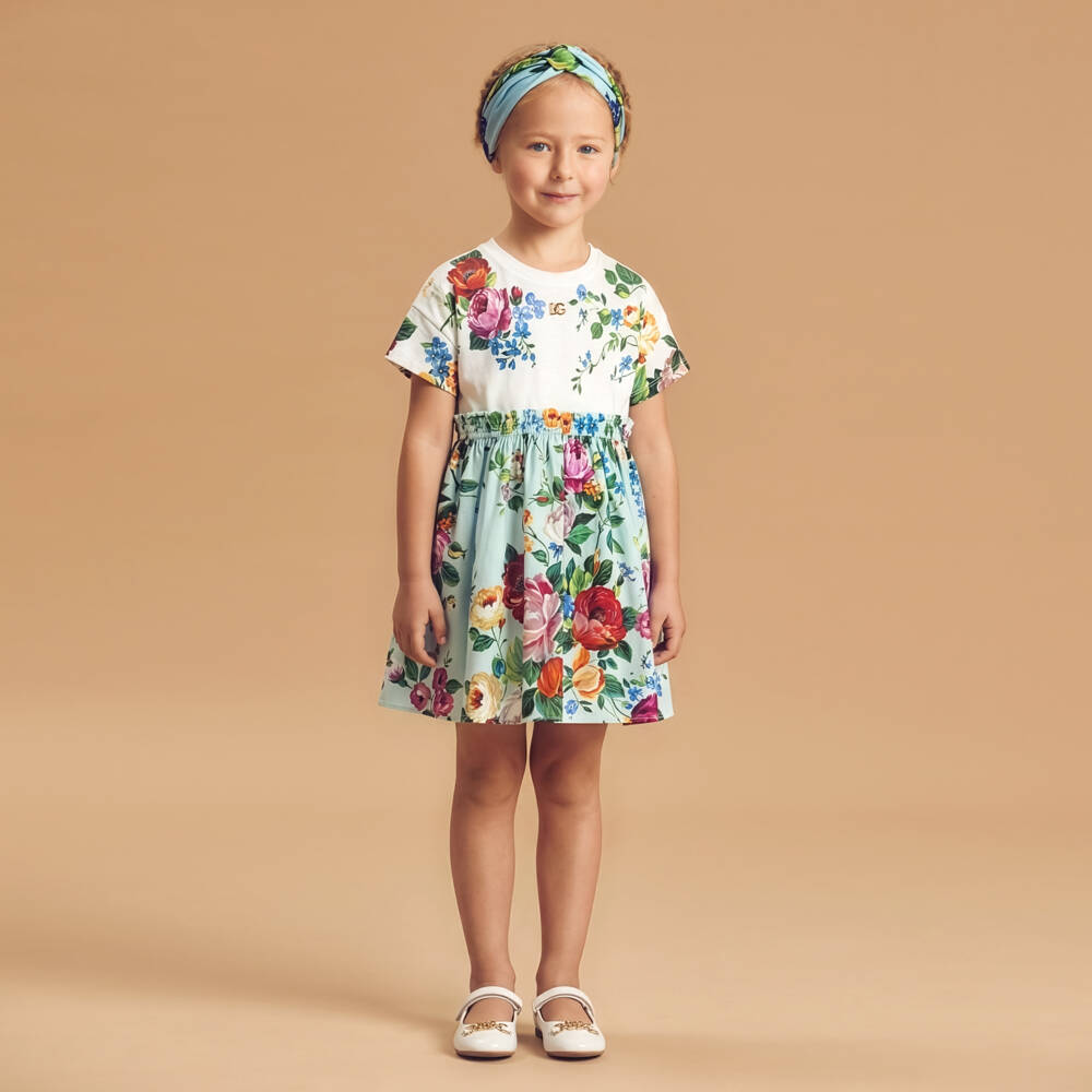 Dolce & Gabbana-Girls Ivory & Green Floral Cotton Dress | Childrensalon