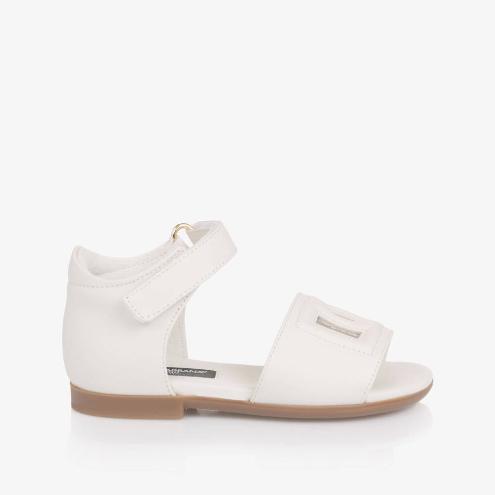 Dolce & Gabbana-Girls Ivory Leather DG Logo Sandals | Childrensalon