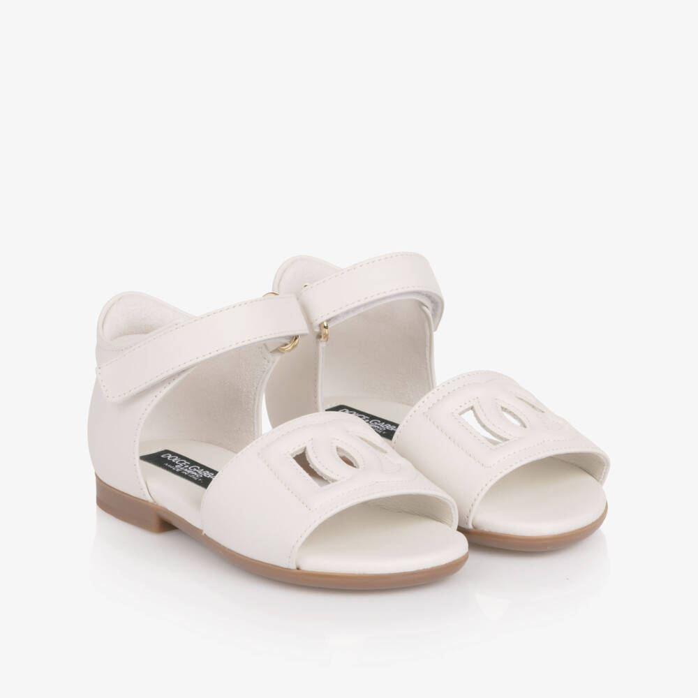 Dolce & Gabbana-Girls Ivory Leather DG Logo Sandals | Childrensalon