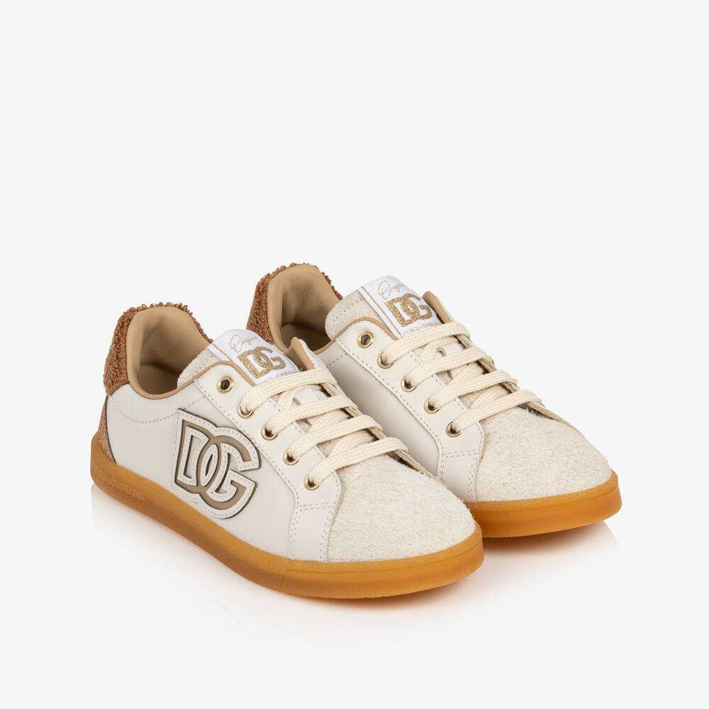 Dolce & Gabbana-Girls Ivory Leather & Suede DG Trainers | Childrensalon