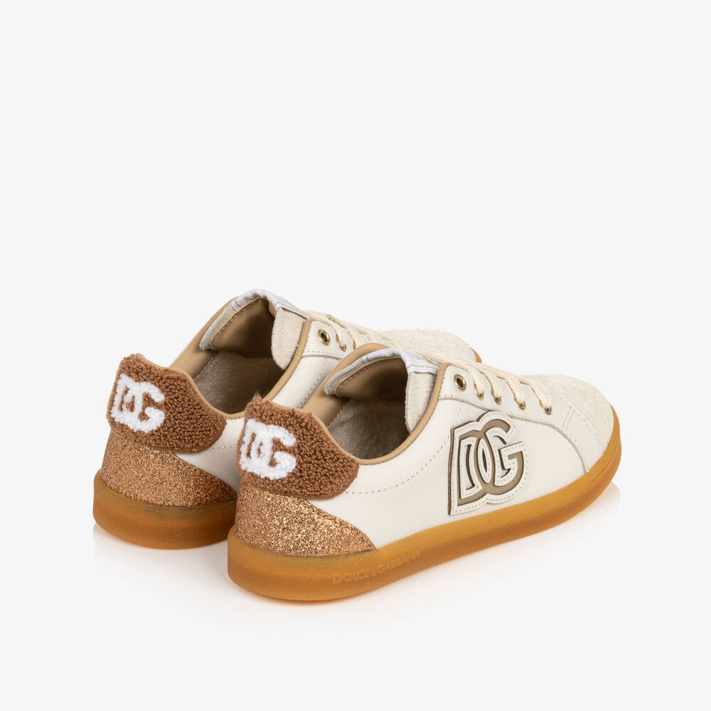 Dolce & Gabbana-Girls Ivory Leather & Suede DG Trainers | Childrensalon