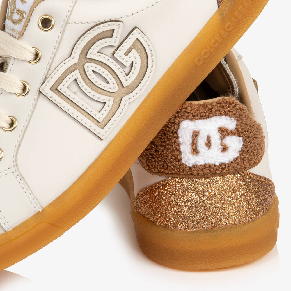 Dolce & Gabbana-Girls Ivory Leather & Suede DG Trainers | Childrensalon