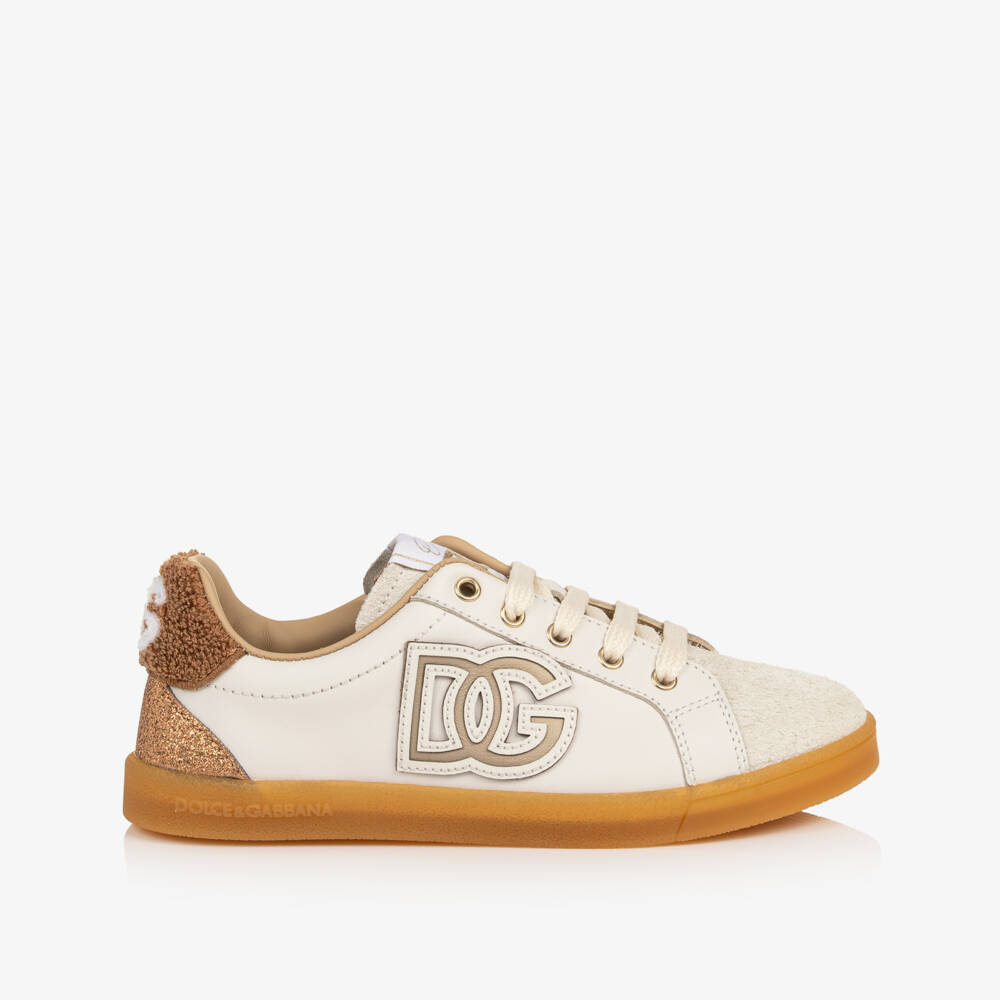 Dolce & Gabbana-Girls Ivory Leather & Suede DG Trainers | Childrensalon