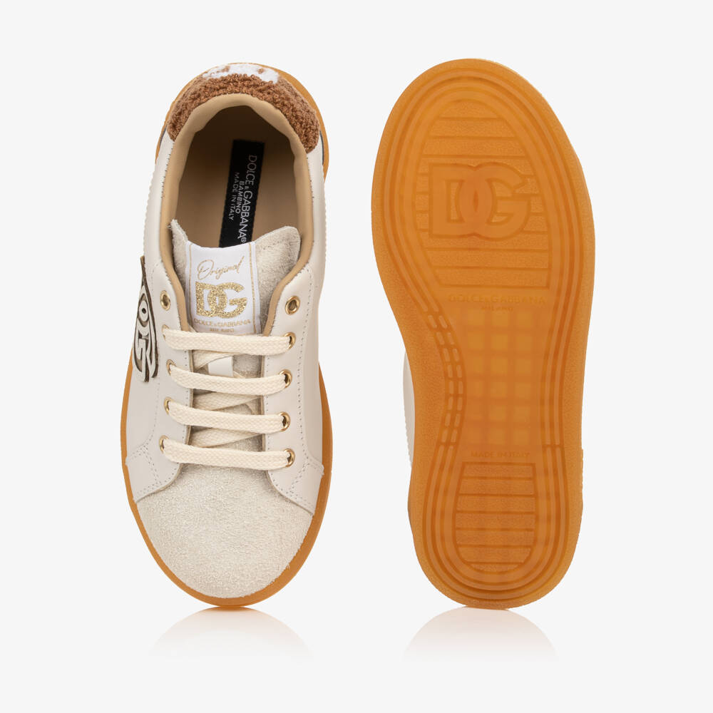 Dolce & Gabbana-Girls Ivory Leather & Suede DG Trainers | Childrensalon