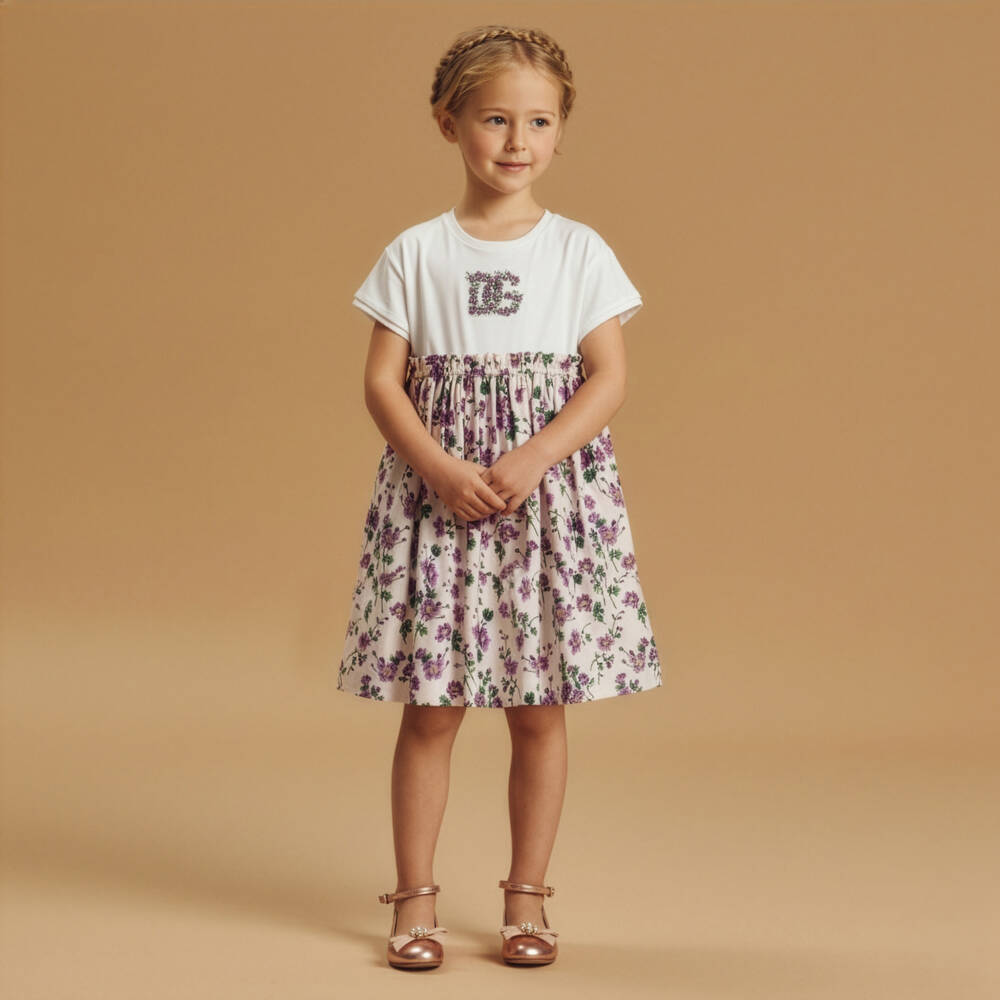 Dolce & Gabbana-Girls Ivory & Pink Floral Cotton Jersey & Poplin Dress | Childrensalon