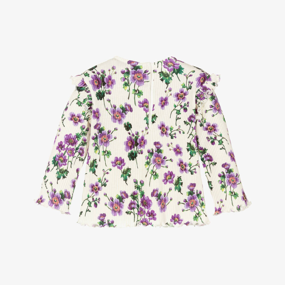 Dolce & Gabbana-Girls Ivory & Purple Floral Ribbed Cotton Jersey Top | Childrensalon