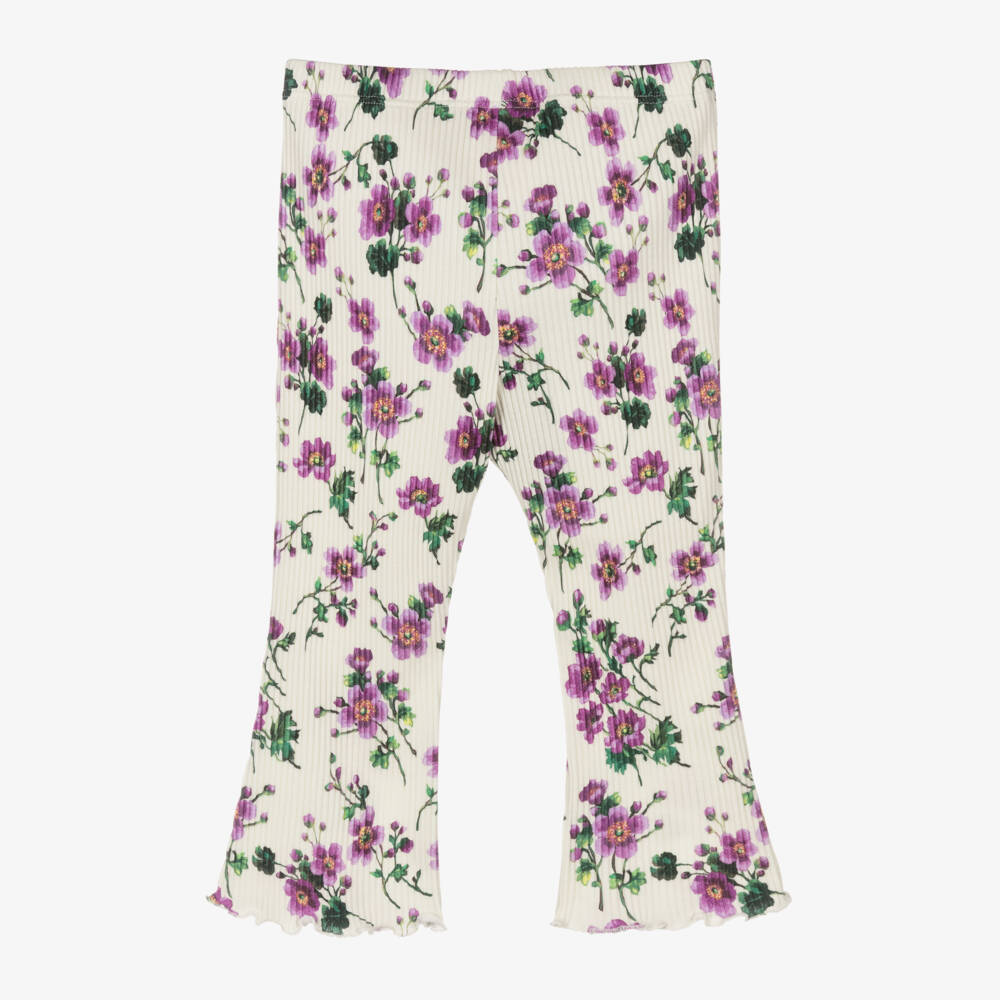 Dolce & Gabbana-Girls Ivory & Purple Floral Ribbed Cotton Leggings | Childrensalon