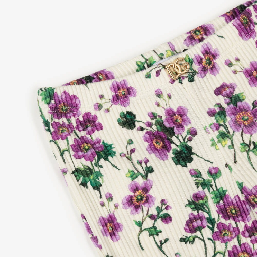 Dolce & Gabbana-Girls Ivory & Purple Floral Ribbed Cotton Leggings | Childrensalon