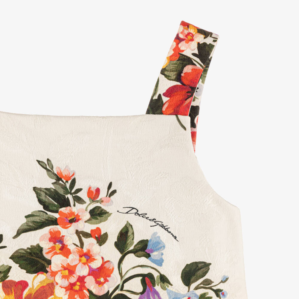 Dolce & Gabbana-Girls Ivory & Red Floral Jacquard Cotton Dress | Childrensalon