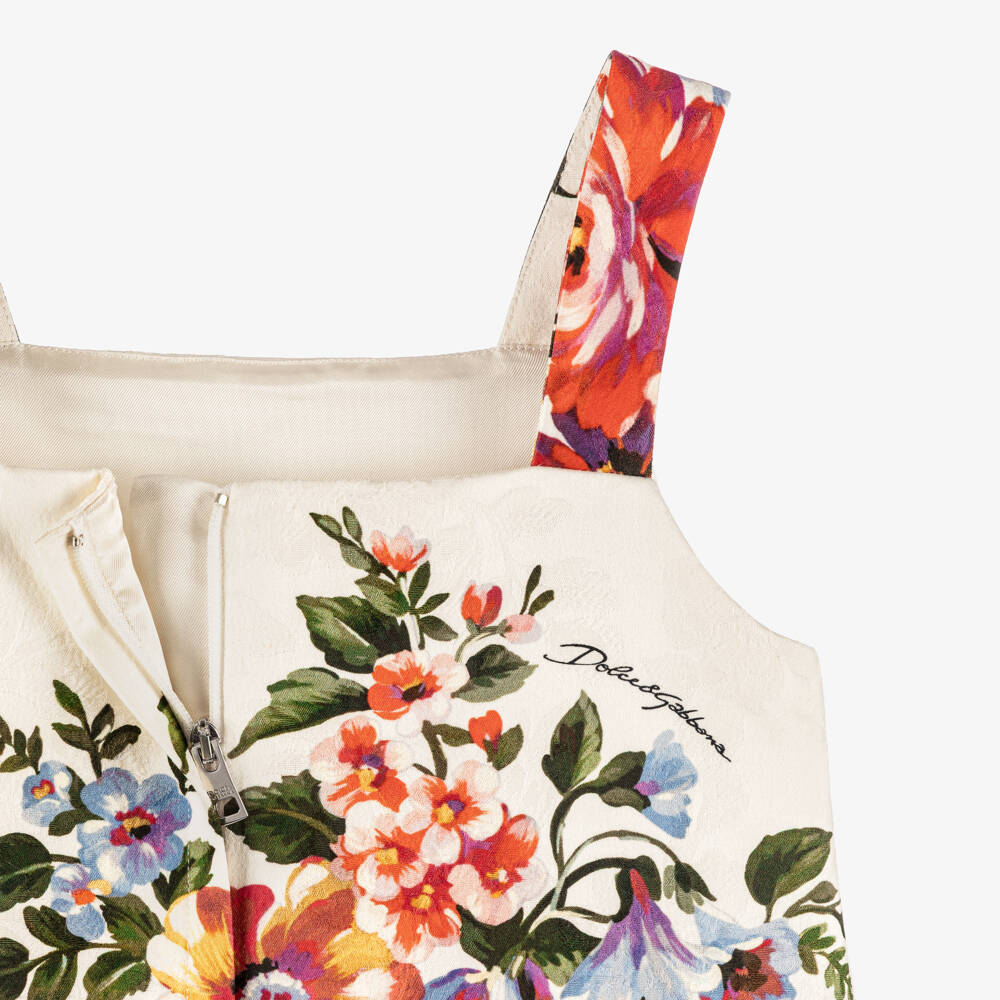 Dolce & Gabbana-Girls Ivory & Red Floral Jacquard Cotton Dress | Childrensalon