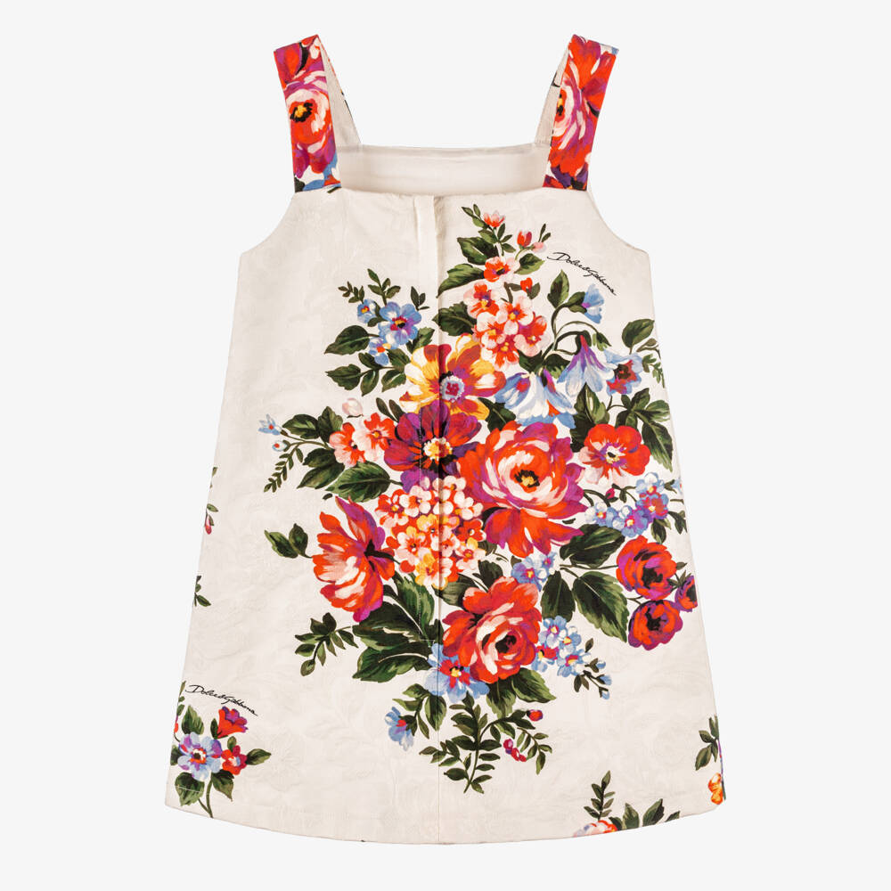 Dolce & Gabbana-Girls Ivory & Red Floral Jacquard Cotton Dress | Childrensalon