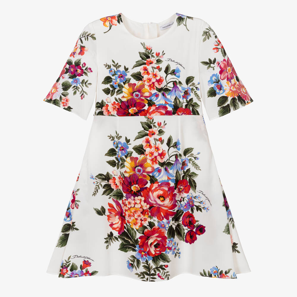Dolce & Gabbana-Girls Ivory & Red Floral Silk Dress | Childrensalon