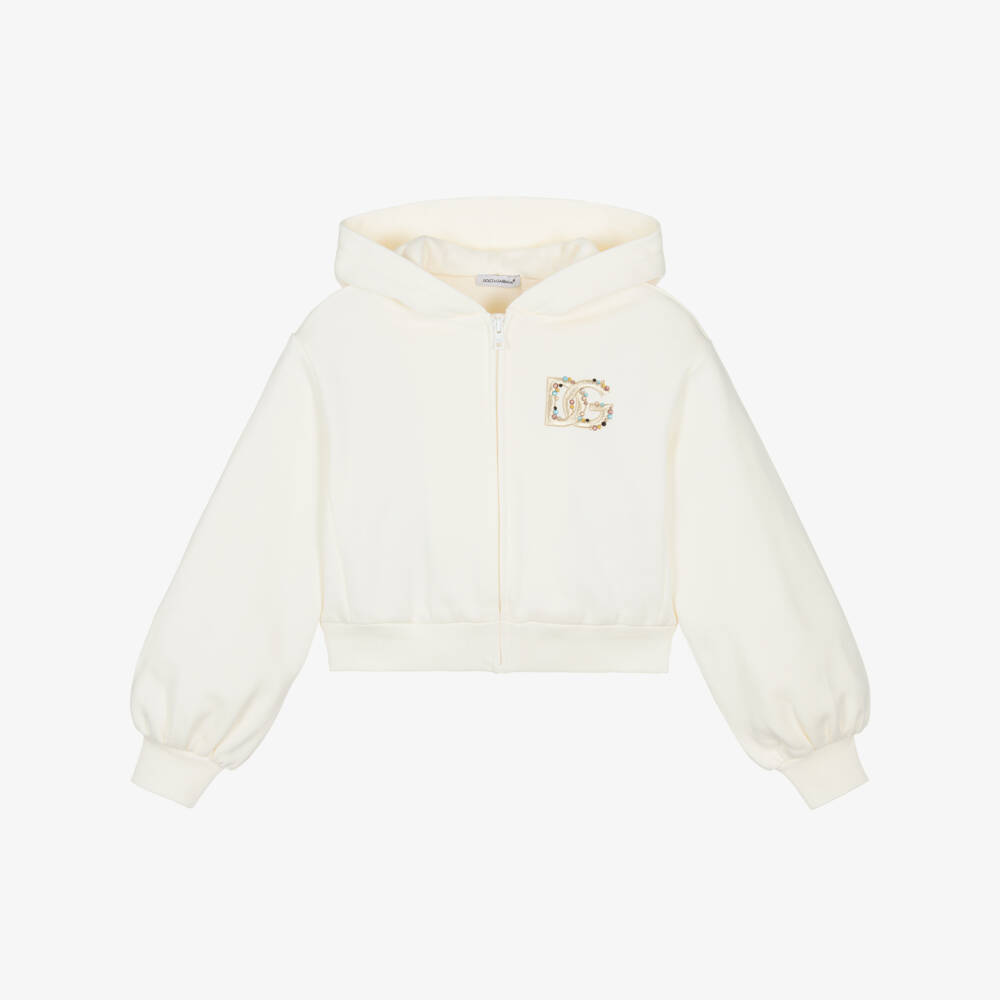 Dolce & Gabbana-Girls Ivory Zip-Up Top with Rhinestone DG Logo | Childrensalon