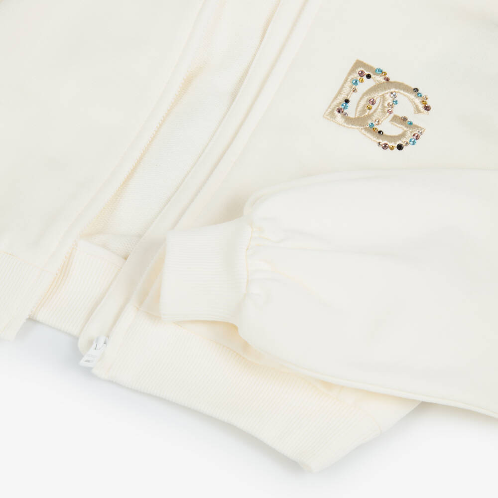 Dolce & Gabbana-Girls Ivory Zip-Up Top with Rhinestone DG Logo | Childrensalon