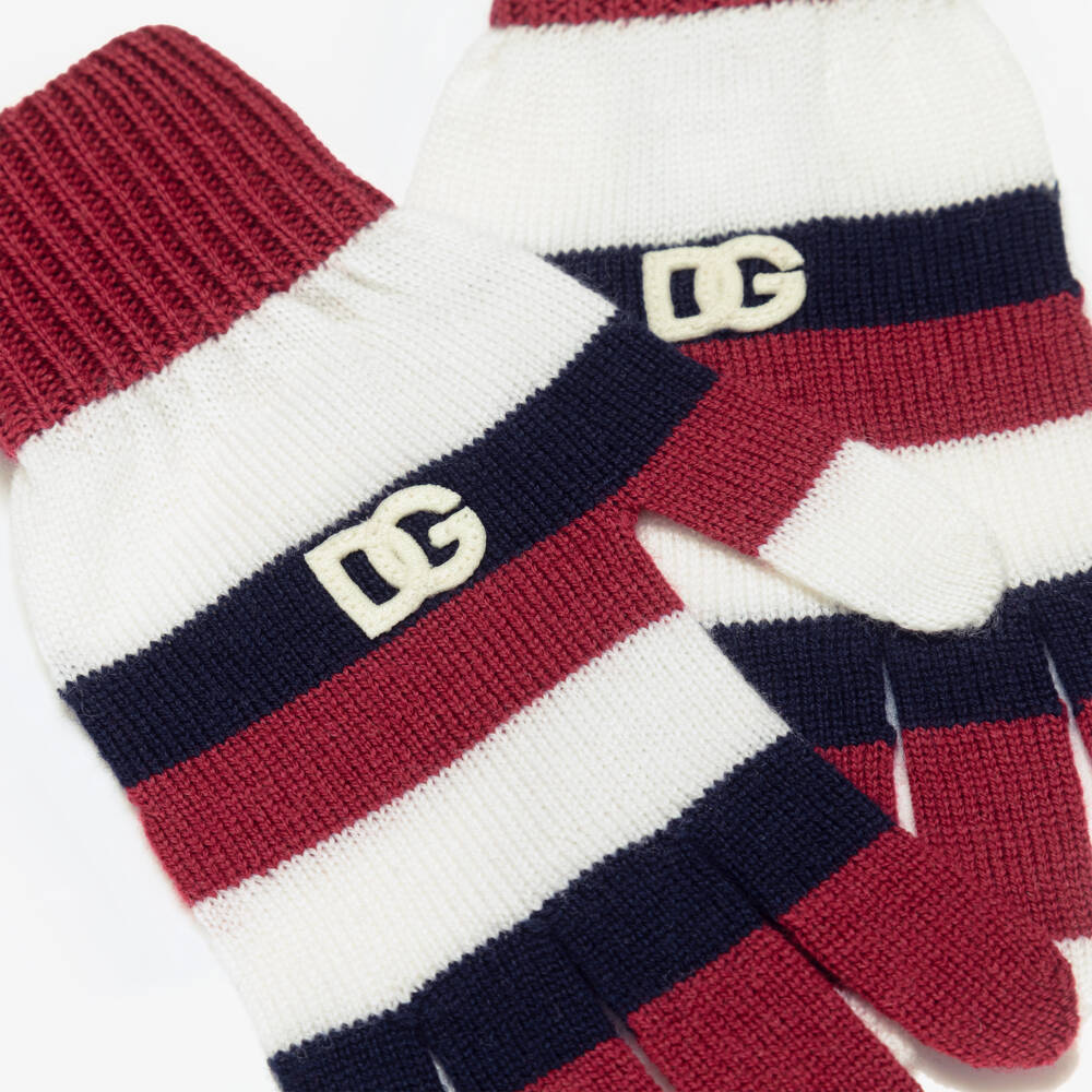 Dolce & Gabbana-Girls Maroon Red, Navy Blue & White Stripe Wool Gloves | Childrensalon