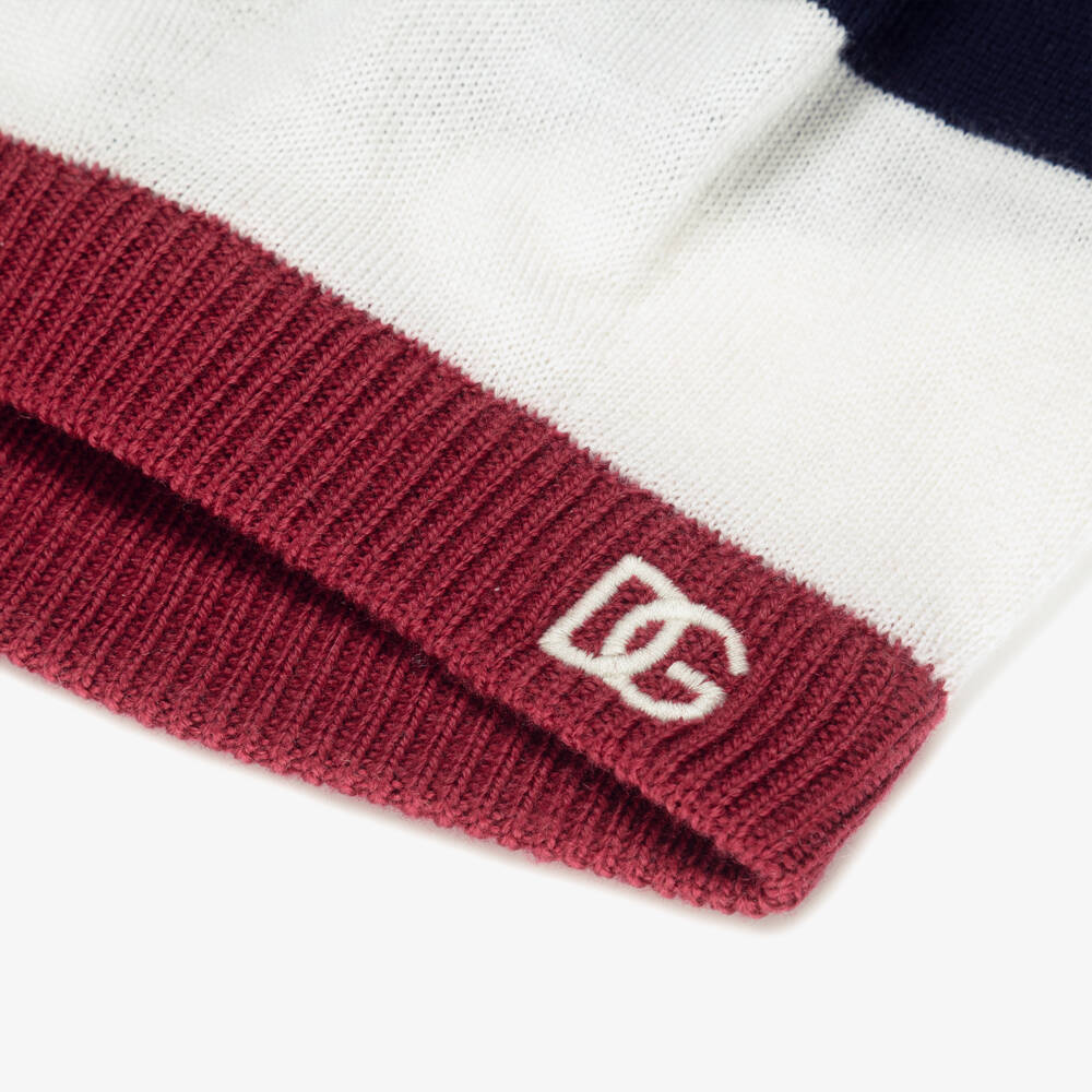 Dolce & Gabbana-Girls Maroon Red, Navy Blue & White Wool Beanie Hat | Childrensalon