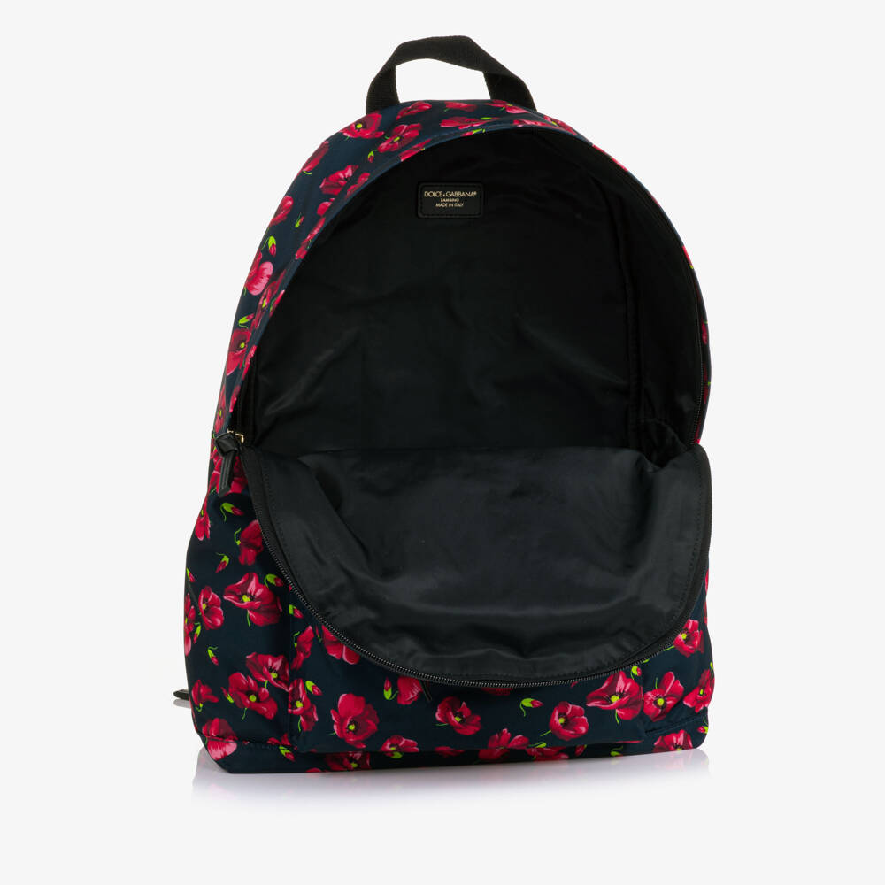 Dolce & Gabbana-Girls Navy Blue Backpack with Red Poppy Print (41cm) | Childrensalon