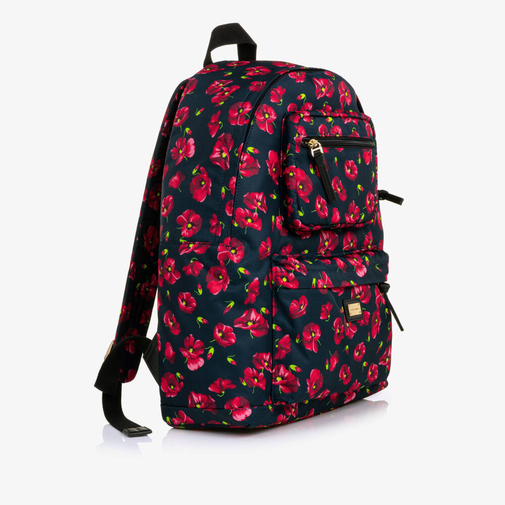 Dolce & Gabbana-Girls Navy Blue Backpack with Red Poppy Print (41cm) | Childrensalon
