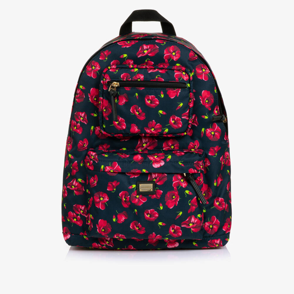 Dolce & Gabbana-Girls Navy Blue Backpack with Red Poppy Print (41cm) | Childrensalon