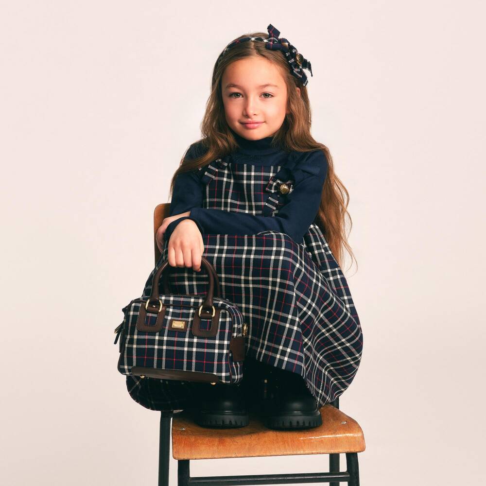 Dolce & Gabbana-Girls Navy Blue Check Wool Handbag (19cm) | Childrensalon